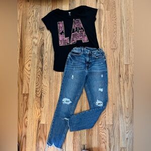 Gap Blue Distressed Girls Jeans Sz 12 $ Old Navy LA T-shirt Sz XL
